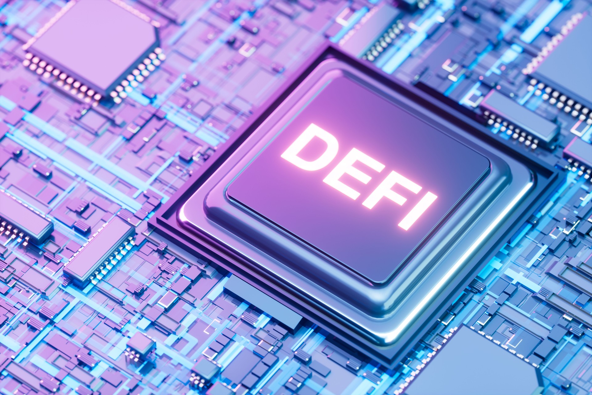 DEFI neon text on chip of motherboard