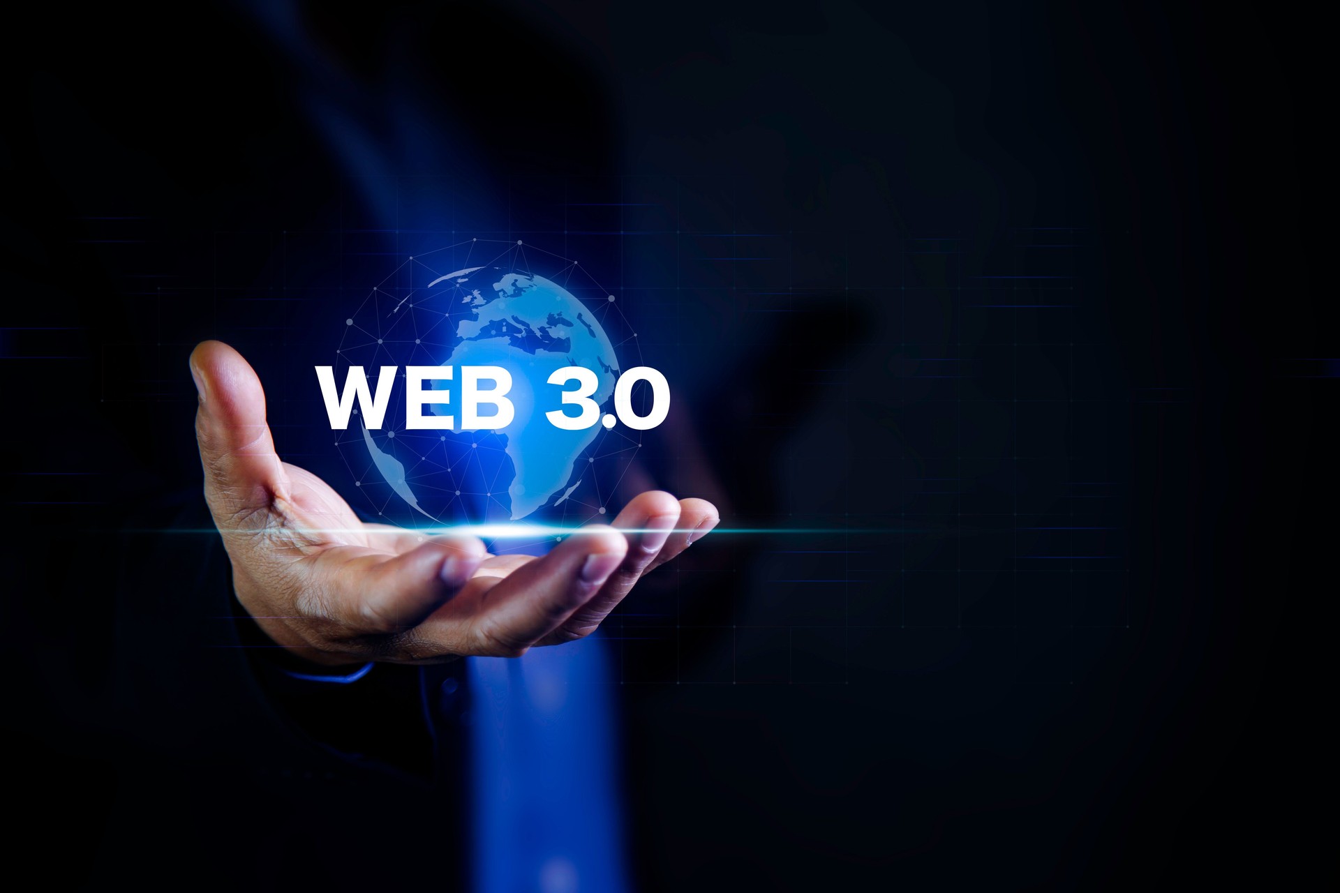 decentralized technology network Web 3.0 concept, man working using web3.0 analyzing data on futuristic virtual screen technology. Cutting-Edge Technology, web 3.0 Icon on hand background.